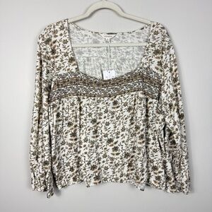 Lucky Brand Top Womens XL Squareneck Cream Brown Paisley Floral Western Boho